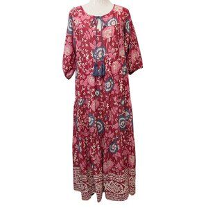 Natural Life Womens Sz S Auguste Pink Red Floral Oversize Cotton Boho Maxi Dress